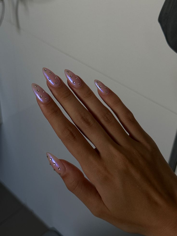 Chrome Nail With Rhinestones, Pink And Silver Nails Almond, Pink Chrome Nails With Rhinestones, Chrome With Rhinestones Nails, Pink Chrome Nails With Gems, Pink Almond Birthday Nails, Chrome Nails With Diamonds, Sheer Pink Nails With Design, Sheer Chrome Nails