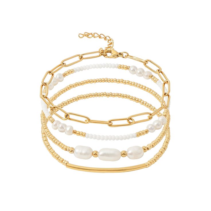 PRICES MAY VARY. Gold Bracelets Size---dainty gold bracelets set is a stunning addition to any women jewelry collection. The paperclip link chain bracelet is 6.85" + 1.35" extension chain, it's easy for us to adjust the length, and the other 3 gold beaded stretch bracelet are about 6.8", Elastic, Stretchable. Dainty Gold Bracelets---Simple and Exquisite gold bracelets stack. this bracelets Including 1 paperclip link chain bracelet, pearls bead bracelet, gold plated seed and white seed beads. Eac Hold Bracelet Stack, Gold Pearl Bracelet Stack, Gold Bracelet Inspiration, Bracelet And Watch Stacking, Amazon Gold Jewelry, E Newton Bracelets Stack, Cute Gold Bracelets, Amazon Bracelets, Bracelet Small Business