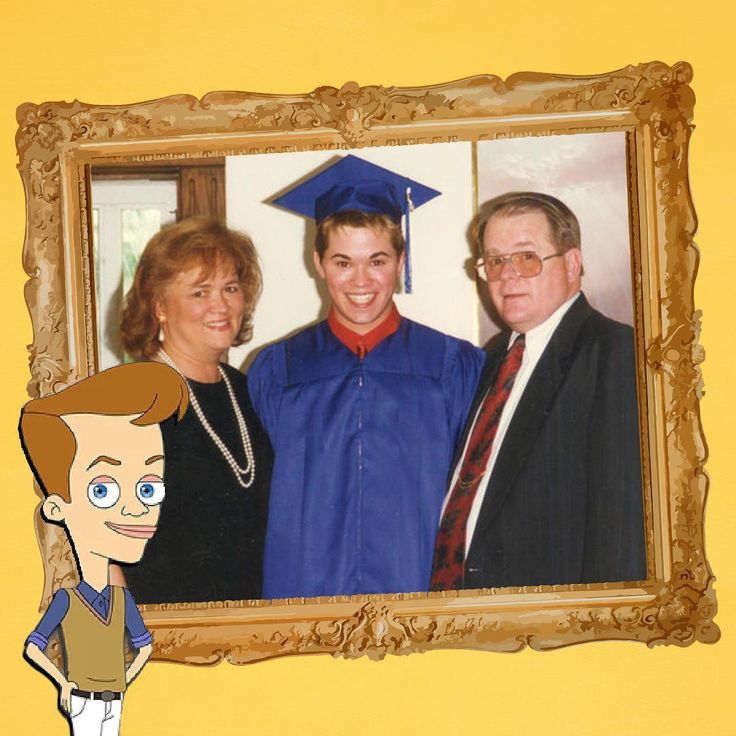 an image of a man and two women in front of a graduation photo with a graduate's cap on