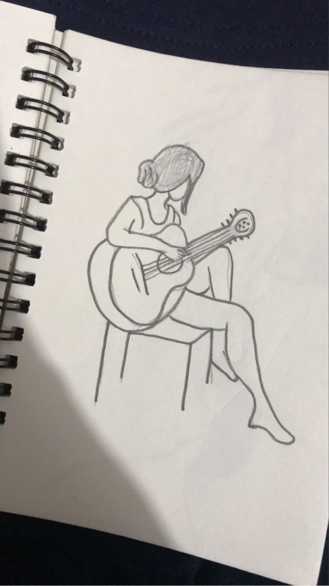 a drawing of a woman sitting on a chair playing the guitar