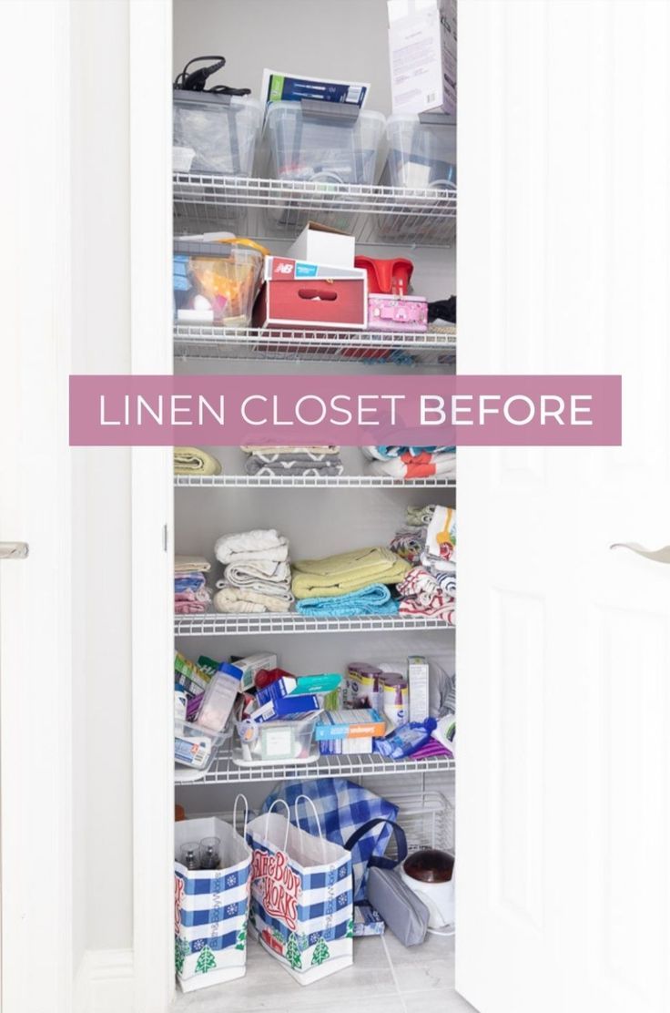 an open closet door with the words linen closet before and after