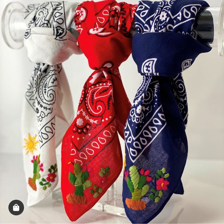 three different colored ties are hanging on a glass holder with the same color and pattern