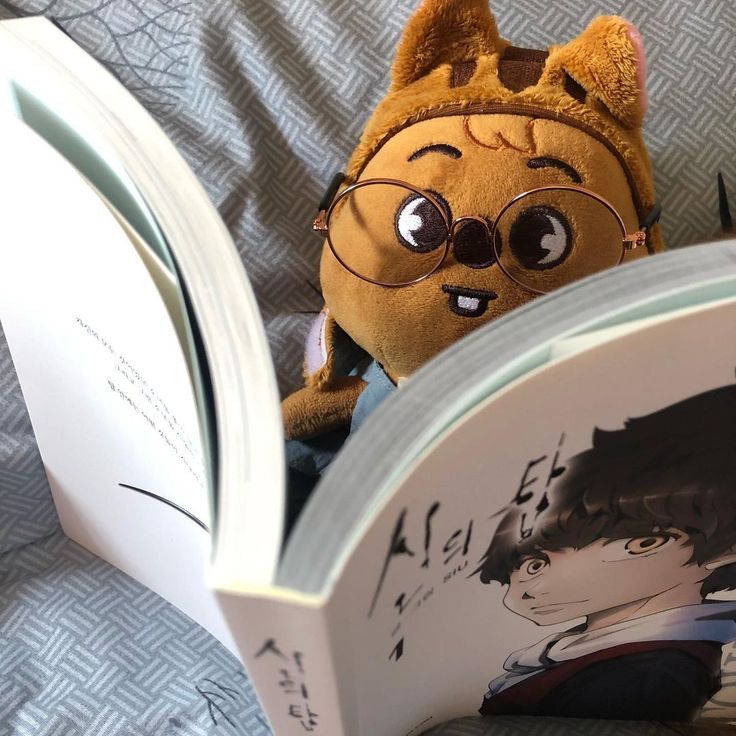 a stuffed animal wearing glasses reading a book