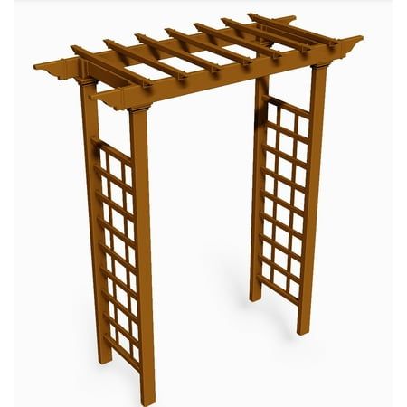 an outdoor wooden arbor with lattices on the top and bottom part, in front of a white background