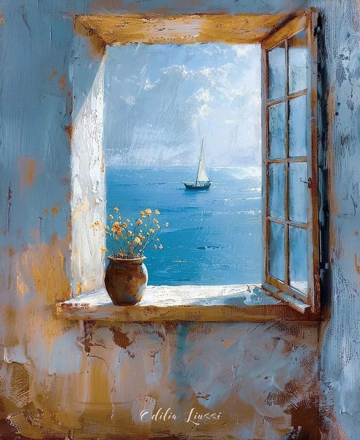 an oil painting of a window with a view of the ocean and a sailboat