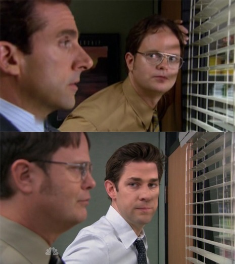 three different pictures of the same man in front of a window with blinders on it