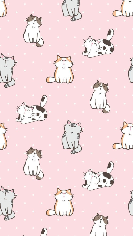 cats and kittens on pink background with polka dot pattern for wallpaper or fabric