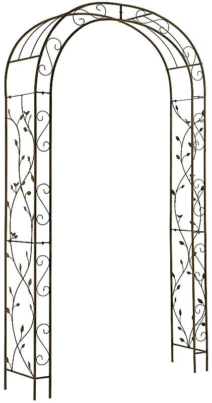 an iron garden arch with vines and leaves on it, isolated against a white background