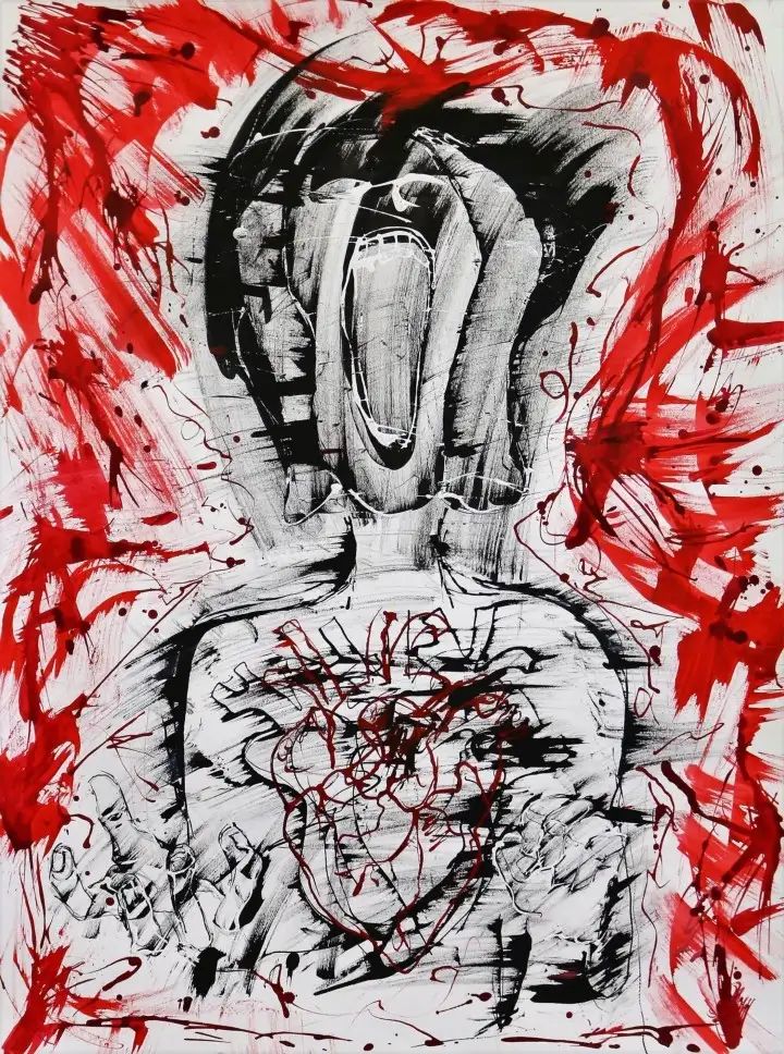 an abstract painting with red and black ink