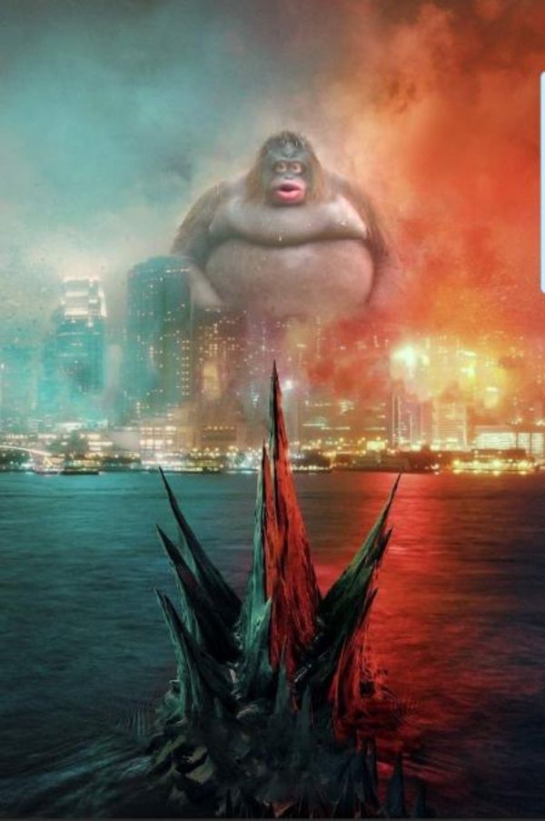 an image of a giant gorilla in the middle of water with city lights behind it