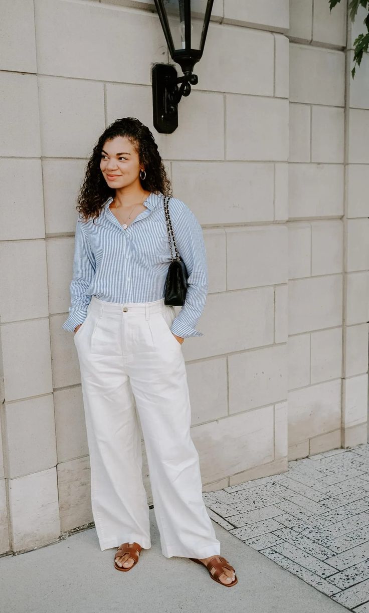 Blue Button Down Outfit, Linen Button Down Shirt Women, Classic Linen Dress, My Chic Obsession, Find Hairstyles, Linen Top Women, Look Polished, White Linen Pants, Outfit Formulas