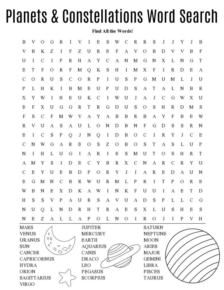 the planets and constellations word search is shown in this printable coloring page for kids