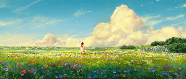 a painting of a woman standing in a field with wildflowers and blue sky