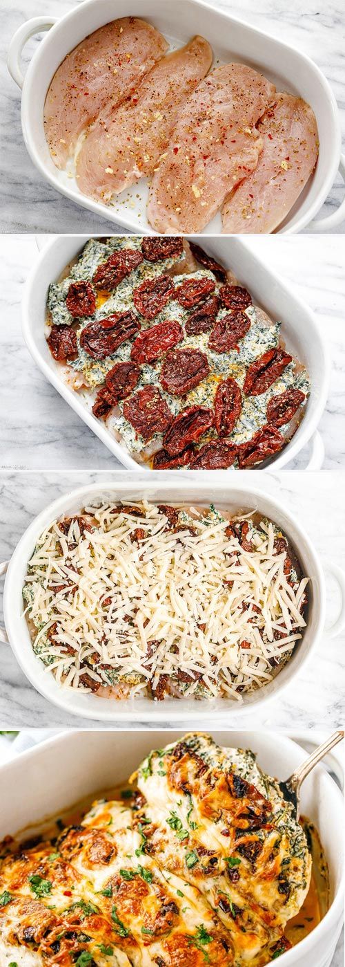 four different casserole dishes with meat and cheese in them on a marble table