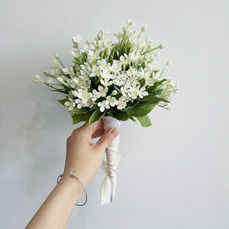 a hand holding a bouquet of white flowers