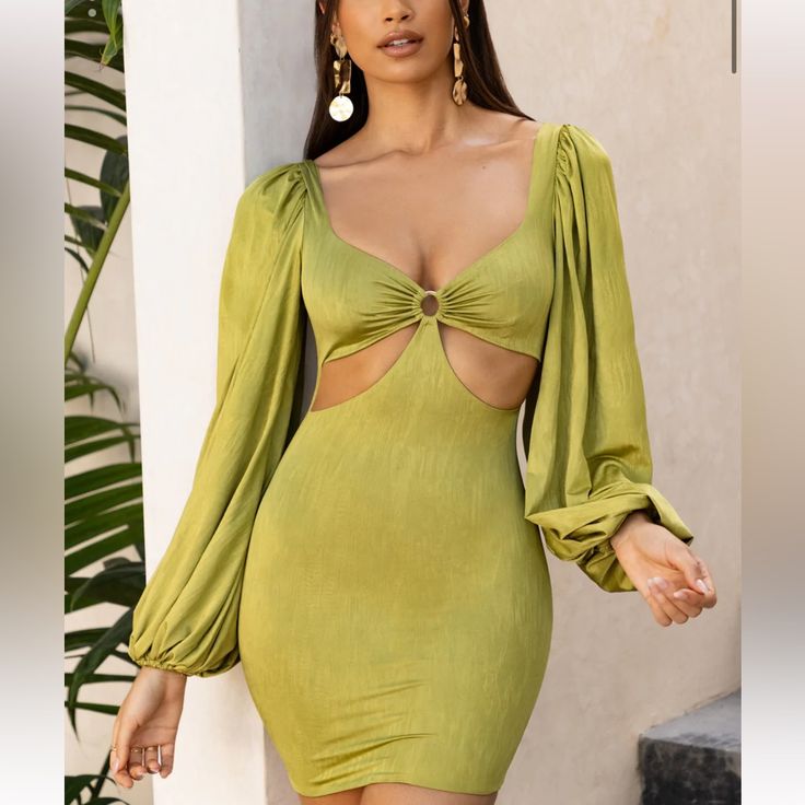 Ohpolly Brand New (Never Worn) Slinky Stretch Fabric With Cutouts And Balloon Sleeves Beautiful Olive Color Size 2 (Xs/S) Tags Still On Selling Because Doesn’t Fit Too Well In The Chest Region For Me But It Is So Cute! Sold Out Online Green Cutout Mini Dress For Party, Green Stretch Bodycon Dress For Date Night, Fitted Olive Mini Dress, Chic Green Mini Dress With Cutout, Green Stretch Mini Dress For Brunch, Olive Fitted Mini Dress, Fitted Green Bodycon Dress For Brunch, Green Fitted Bodycon Dress For Brunch, Olive Long Sleeve Party Dress