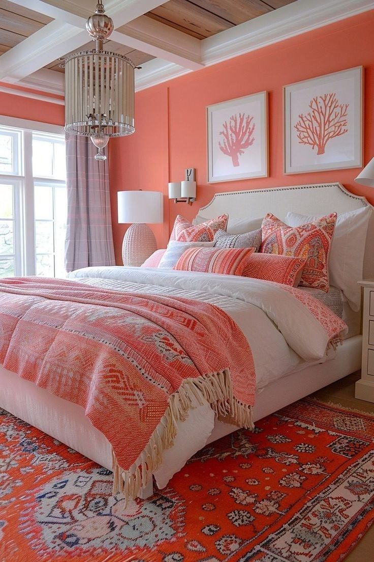 a bedroom with coral colored walls and white bedding, chandelier hanging from the ceiling