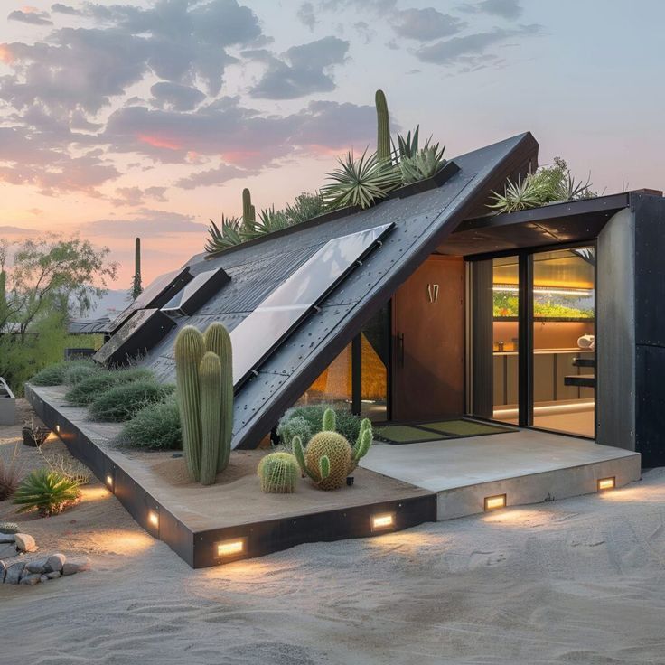 an unusual house with cactus and succulents on the roof is lit up at night