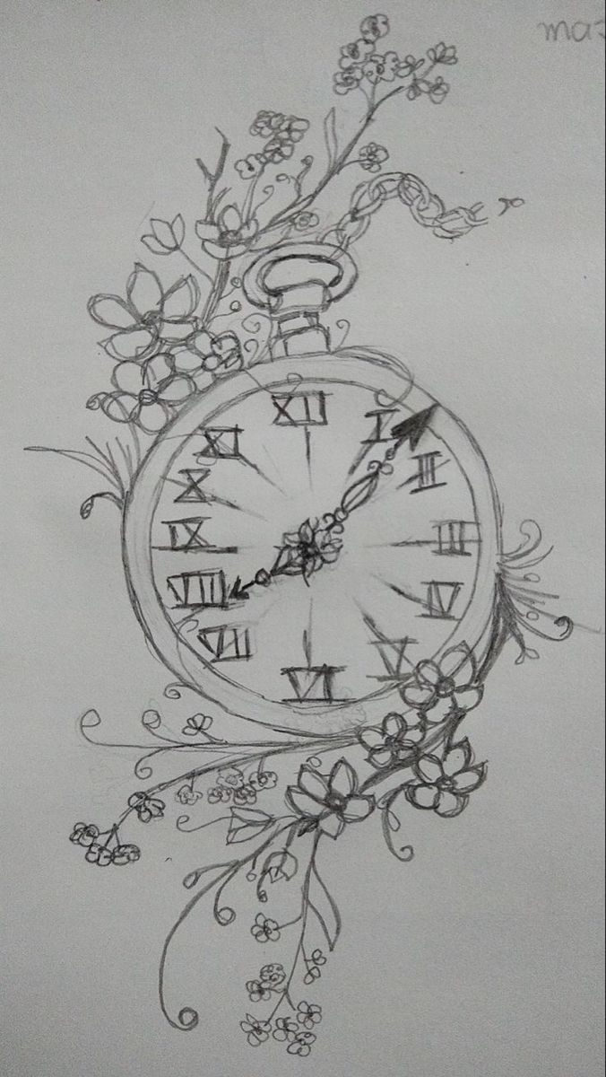 a drawing of a clock with flowers and vines on it's face is shown