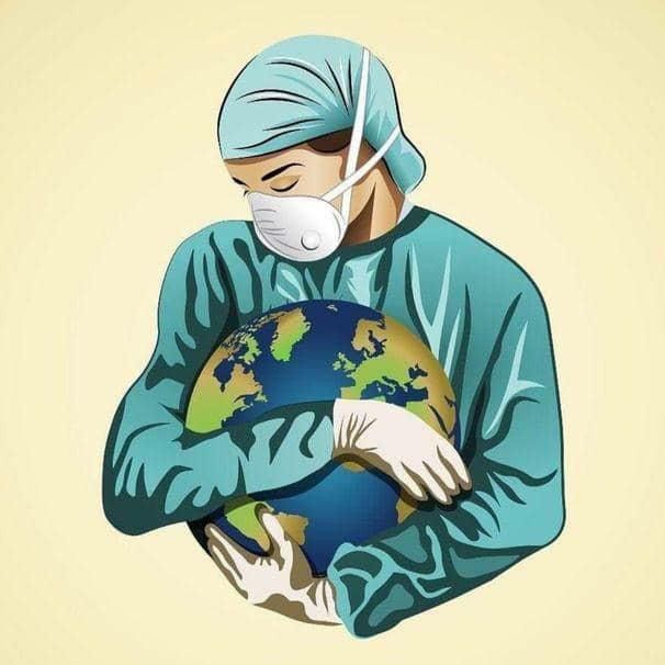 a man wearing a surgical mask and holding the earth in his hands, against a yellow background