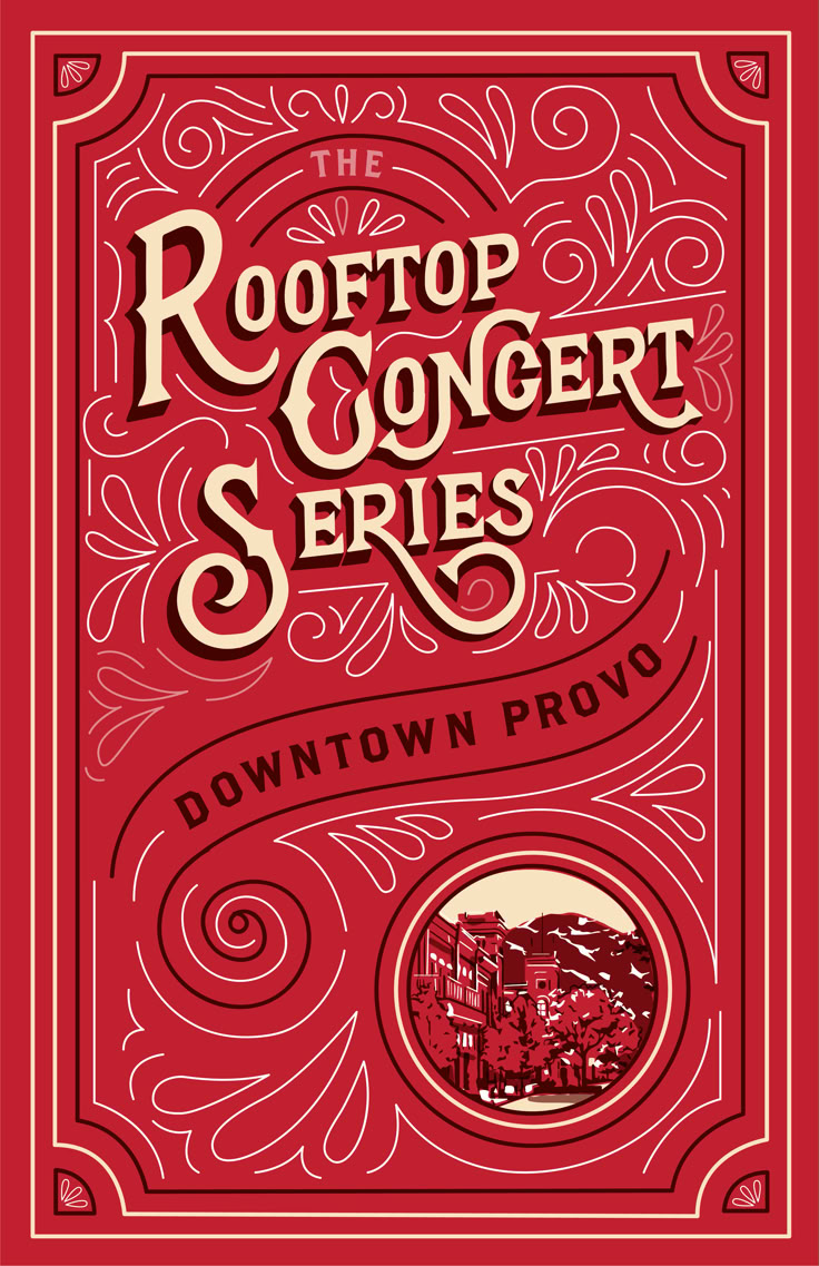 the roffop concert series is shown in red and gold, with an ornate frame