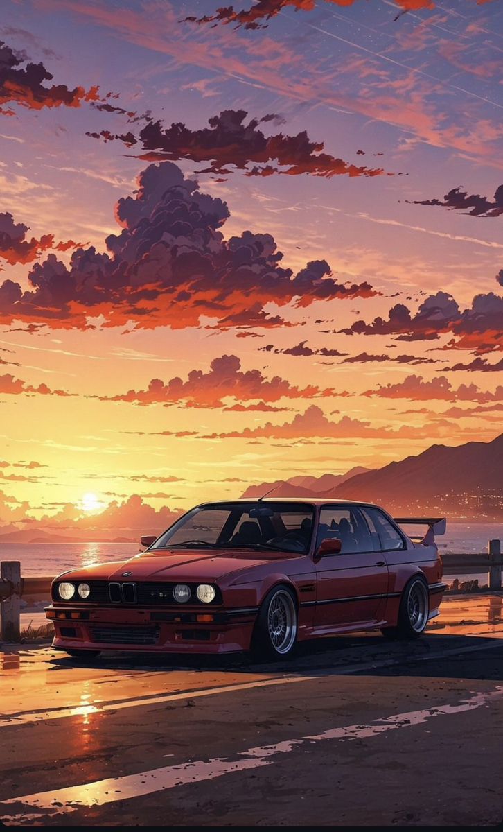 a red car parked in front of the ocean at sunset