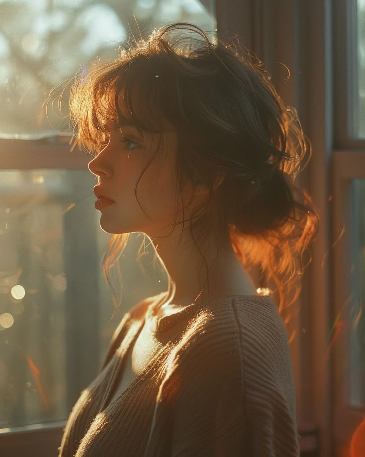 a woman standing in front of a window with her hair blowing in the wind and sun shining through