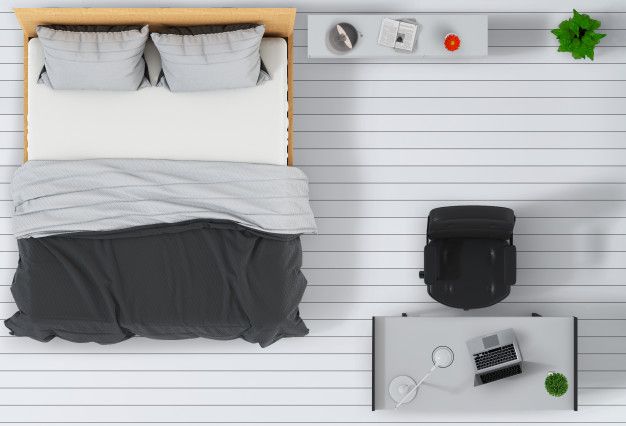 an overhead view of a bedroom with white walls and gray bedding, along with two nightstands