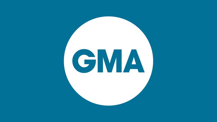 the gma logo is shown on a blue background with white letters and an egg