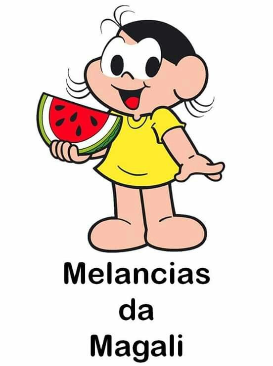 a cartoon girl holding a slice of watermelon with the words melancias da magai on it