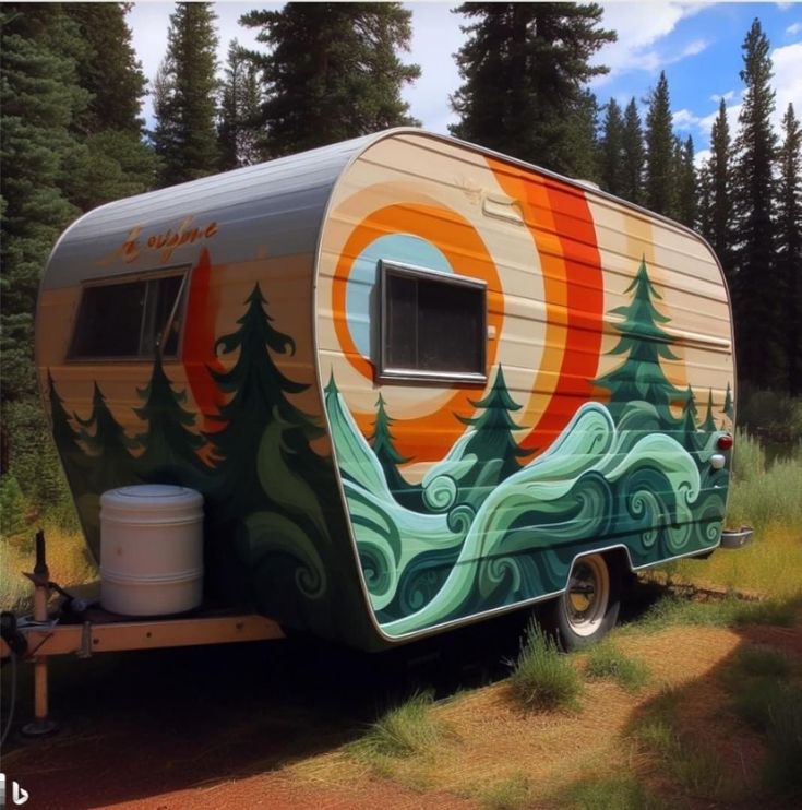 an rv parked in the woods with trees painted on it's side and water tank next to it