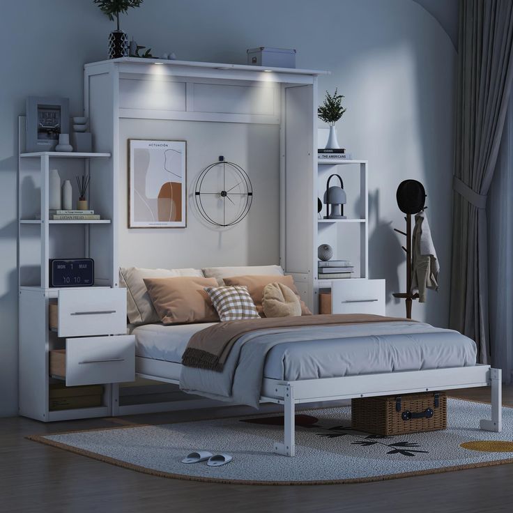 a bedroom with a bed, bookcases and shelves on the wall above it