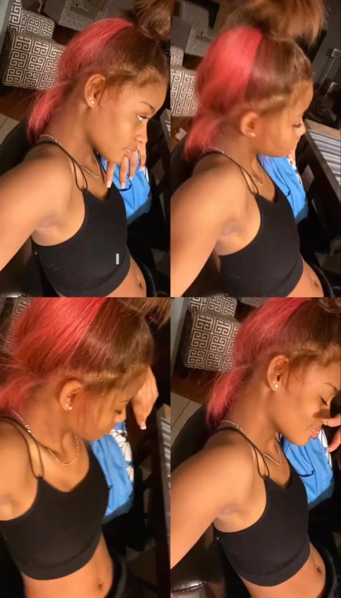 Dyed Pink Natural Hair, Pink And Brown Natural Hair Black Women, Brown And Pink Hair Natural, Bleach Hairstyle Ideas, Ginger With Pink Skunk Stripe, Light Brown Hair With Pink Skunk Stripe, Hair Color Inspiration Black Women, Dyed Hair 2 Colors, Ginger And Pink Skunk Stripe