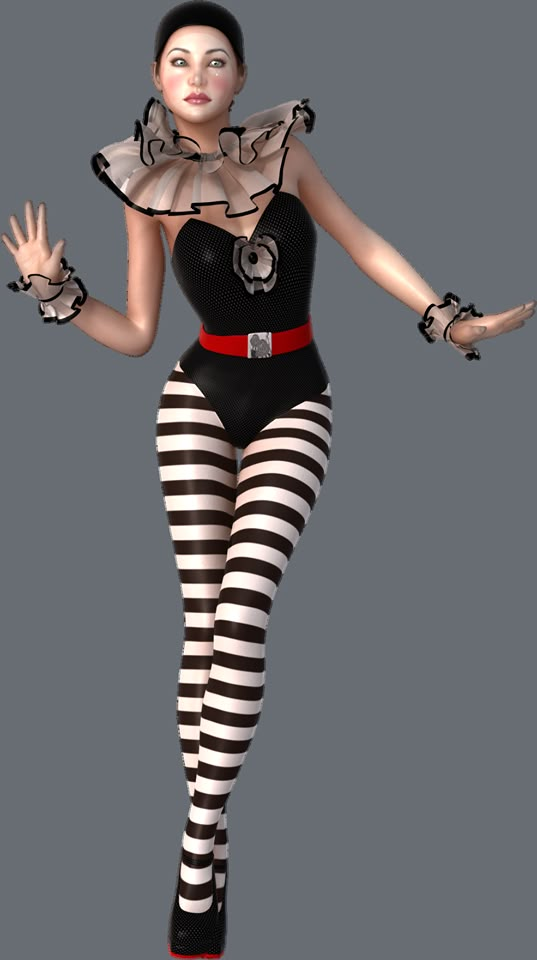 a woman dressed in black and white striped tights with her hands out to the side