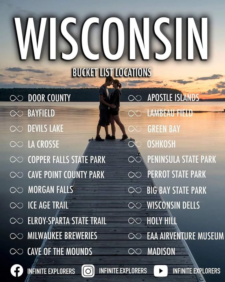 a couple kissing on a dock with the words wisconsin in front of them and an image of