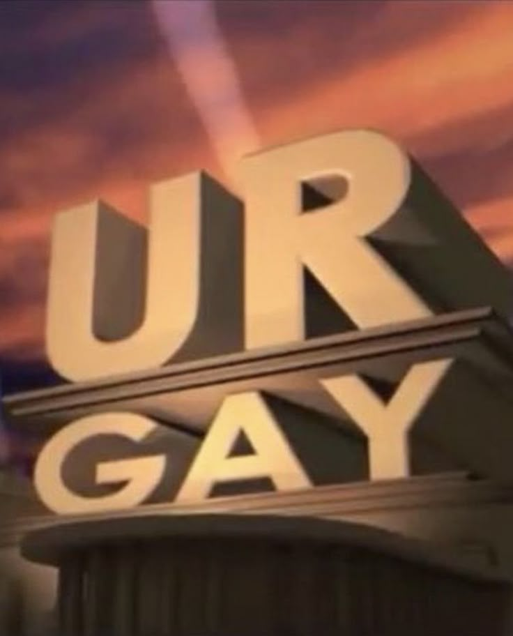 the words ur gay are lit up in front of an orange and blue sky at night