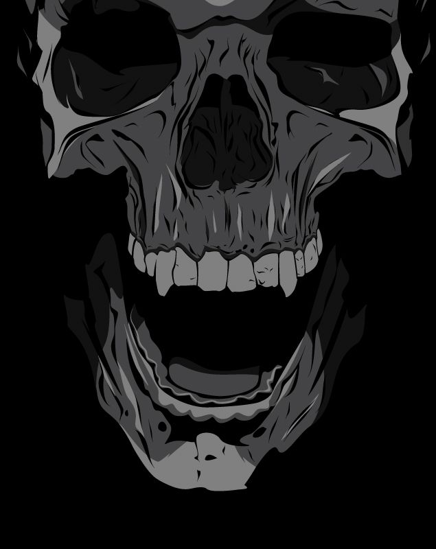 a black and white image of a skull with its mouth open on a dark background