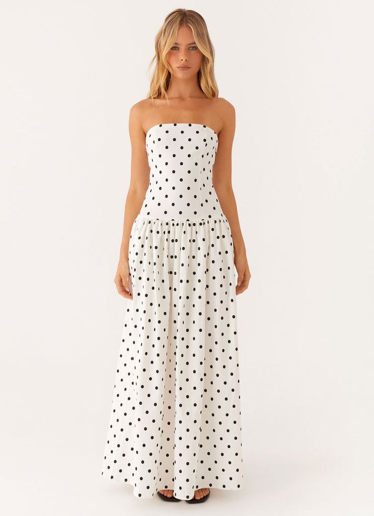 Andorra Maxi Dress - White Polkadot – Peppermayo US Drop Waist Maxi Dress, Drop Waist Prom Dress, Sisterhood Round Recruitment Outfit, Garment Friendly Outfits, Capri Italy Outfits, Formal Christmas Party Outfit, Tcu Gameday, White Grad Dresses, Ark Game