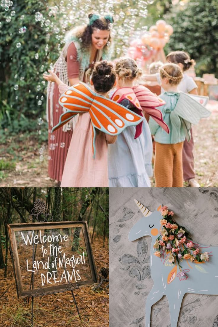 several pictures of children and adults in the woods, one with a sign that says welcome to the land of maggot