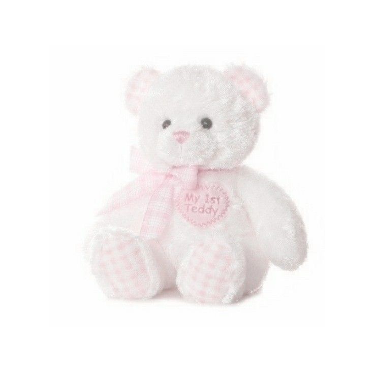 a white teddy bear with a pink bow around its neck and the words i'm my baby written on it