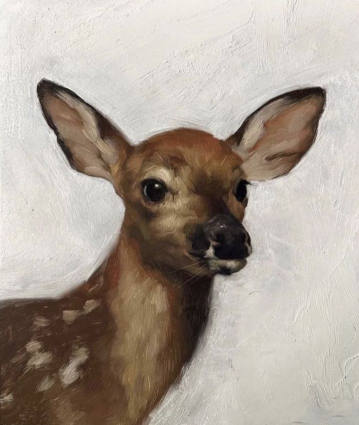 an oil painting of a deer's head on a white background with brown spots