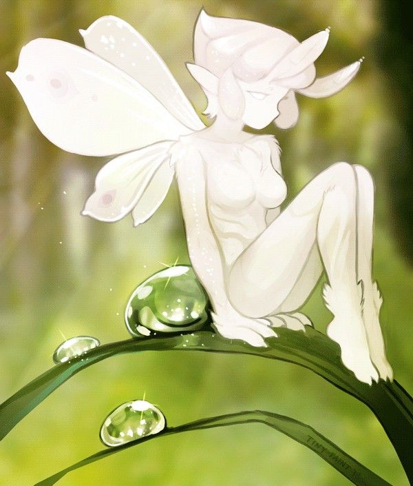 a white fairy sitting on top of a plant with drops of water in front of it