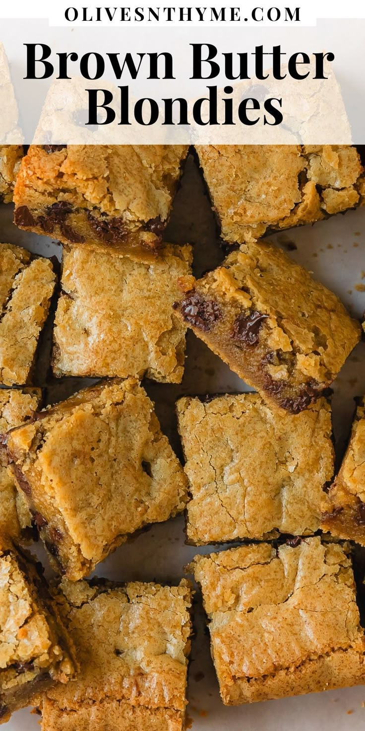 chocolate chip brown butter blondies stacked on top of each other with text overlay