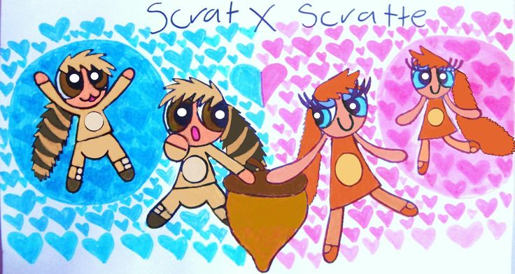 an image of some cartoon characters with hearts in the background and text that reads, scat x scathe