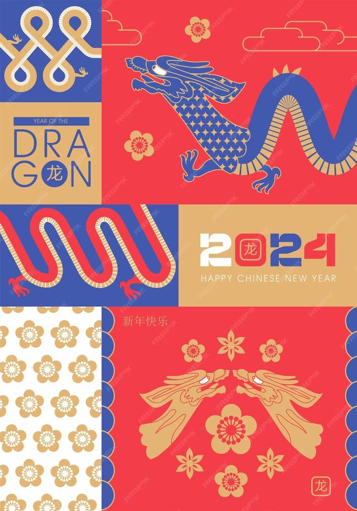 the chinese new year's greeting card with dragon and flowers on red, blue, yellow