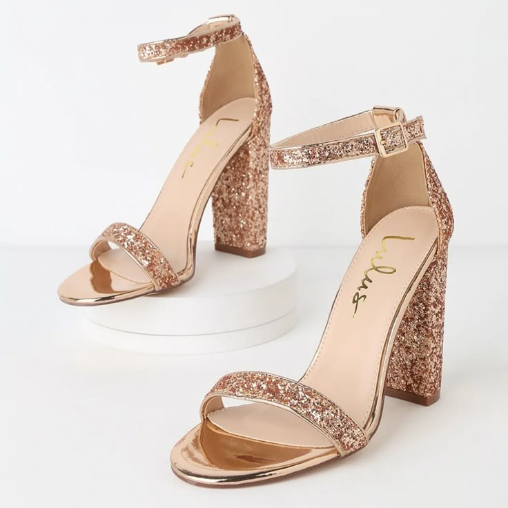 Lulus Exclusive! You Know Her, You Love Her, And Now The Coveted Lulus Taylor Comes In A Shiny Glitter Design That Is Sure To Wow! The Lulus Taylor Glitter Rose Gold Ankle Strap Heels Feature A Slender Toe Strap, And Adjustable Ankle Strap (With Gold Buckle) All Adorned In Shiny Rose Gold Glitter. A Holiday Or Party Look Wouldn't Be Complete Without These Glittery Lovelies. 4" Wrapped Block Heel. Cushioned Insole. Nonskid Rubber Sole. All Vegan Friendly, Man Made Materials. Imported. Style 76260 Sparkly Heels Prom, Quinceanera Shoes, Gold Ankle Strap Heels, Gold Sparkly Heels, Rose Gold Shoes, Homecoming Shoes, Glitter Rose Gold, Rose Gold Heels, Heels Prom