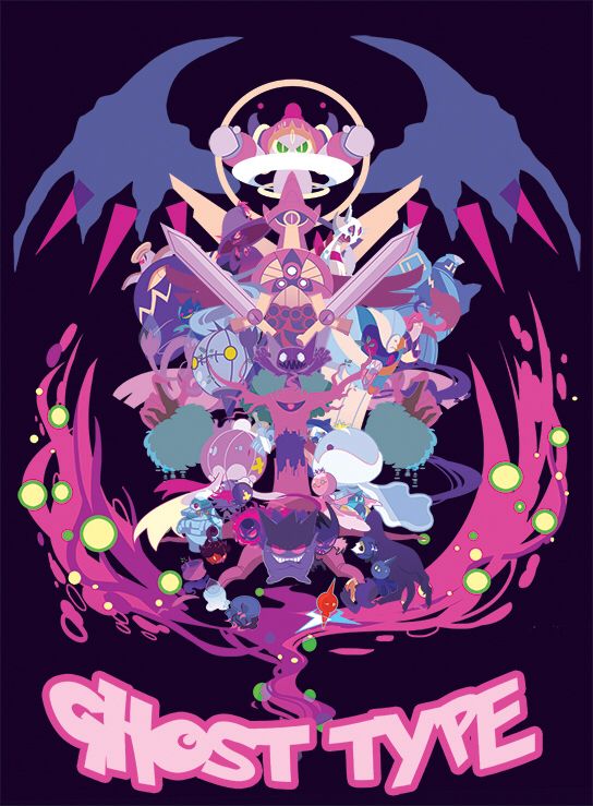 the poster for ghost type is shown in pink and purple