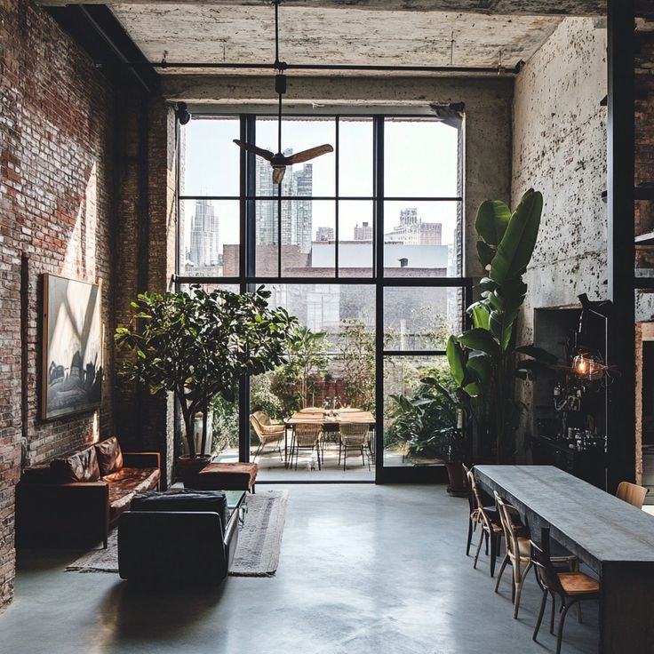 an industrial loft with exposed brick walls and floor to ceiling windows overlooking cityscape