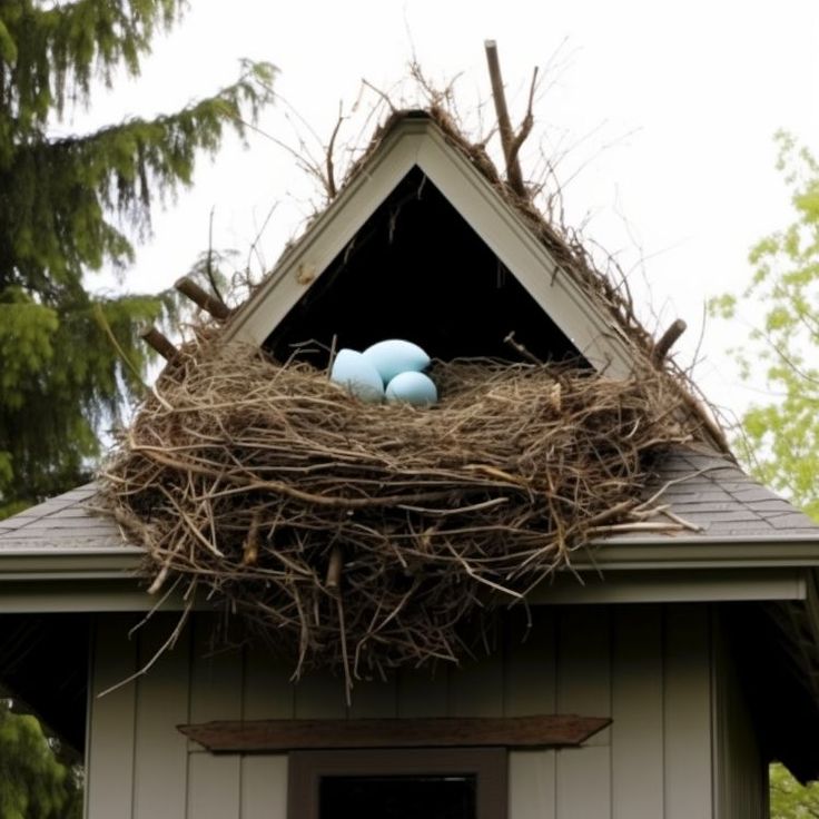 two blue eggs in a nest on top of a house