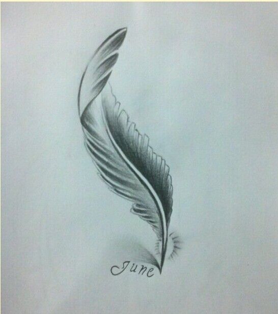 a pencil drawing of a feather with the word june written below it on a sheet of paper